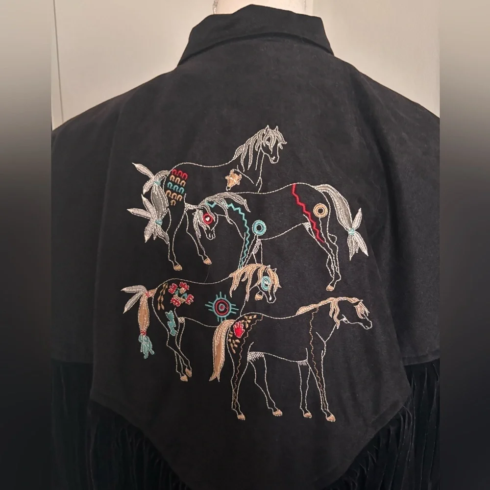 Vintage Black Fringe Western Button-Up Jacket with Embroidery Made in USA - Picture 11 of 12